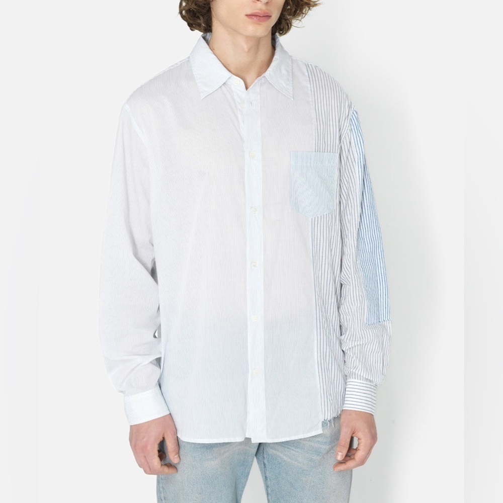 John Elliot Paneled Button Up Blue Patchwork Shirt